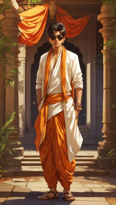 a charming anime boy wearing a traditional Indian dhoti. The dhoti is a traditional Indian garment that is worn by men in India. It is made up of a long piece of cloth that is draped around the waist and legs. The dhoti can be made from a variety of materials, including cotton, silk, and linen. The anime boy in this post is wearing a dhoti in a beautiful shade of white. He is also wearing a traditional Indian turban and a pair of gold khussas (sandals). Indian Turban, Traditional Indian Mens Clothing, Indian Culture And Tradition, Traditional Indian Dress, Anime Canvas Art, Fashion Drawing Dresses, Fashion Illustration Dresses, Black Anime Characters, Indian Aesthetic