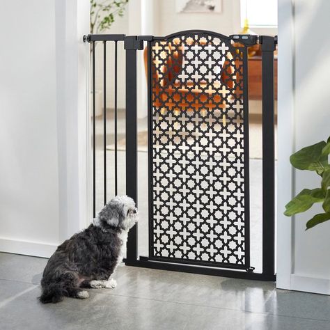 Buy Frisco Metal Pattern Extra Tall Auto-close Dog Gate, 41-in, Black at Chewy.com. FREE shipping and the BEST customer service! Indoor Gates, Tall Pet Gate, Retractable Dog Gate, Dog Gates, Tallest Dog, Safe Zone, Metal Pattern, Giant Breeds, Dog Gate