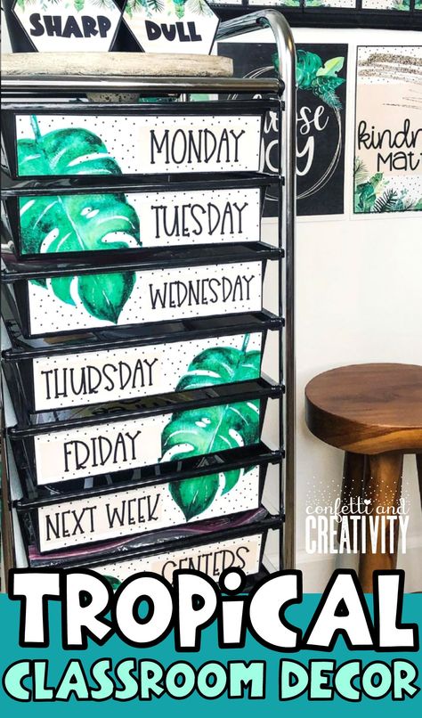 Tropical Classroom Decorating Ideas, Leaf Classroom Theme, Tropical Rainforest Classroom Theme, Monstera Leaf Classroom Decor, Tropical Jungle Classroom Theme, Emerald Green Classroom Decor, Tropical Theme Bulletin Board, Tropical Classroom Theme Ideas, Classroom Decor Greenery