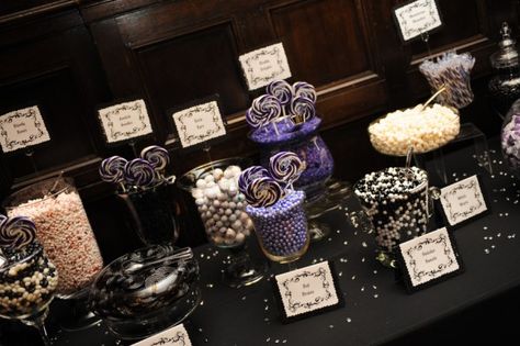 Not exactly what we're doing, but something about the candy table makes me very happy.  "A creepy and elegant gothic wedding | Offbeat Bride" Candy Bar Wedding Reception, Cheap Candy, Spooky Candy, Making A Wedding Dress, Goth Wedding, Dark Wedding, Offbeat Bride, Elegant Gothic, Candy Table