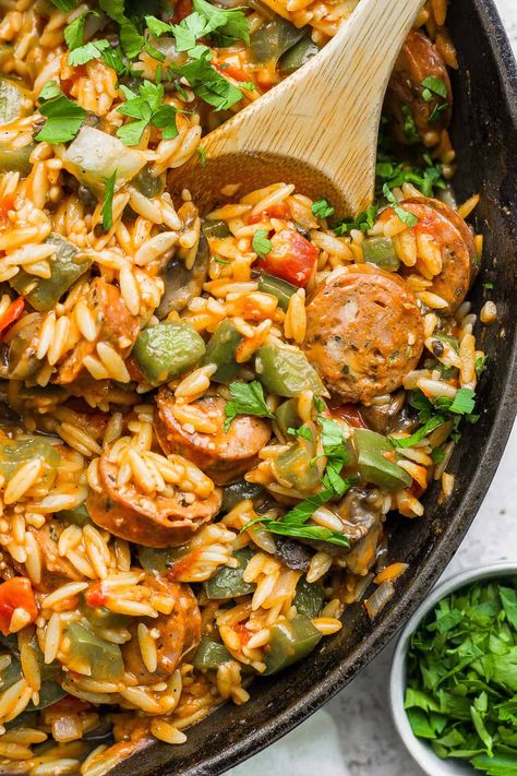 One-Pan Orzo and Chicken Sausage - Fit Foodie Finds Rice Chicken Sausage Recipe, Orzo Pasta Dinner Recipes, Dinners With Orzo, Chicken Sausage Risotto, Orzo And Chicken Sausage Recipes, One Pot Italian Sausage Orzo, What To Do With Chicken Sausage, Dinner With Chicken Sausage, Creamy Chicken Sausage Orzo