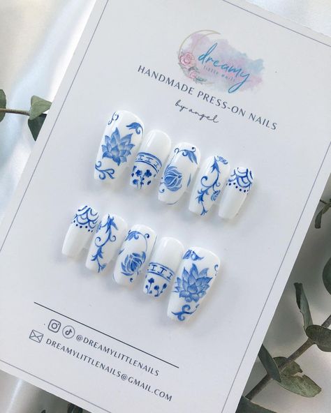 Blue And White Nails, Japanese Nail Art, Cute Acrylic Nail Designs, White Nail Designs, Japanese Nails, Slime Asmr, Kawaii Nails, Lotus Flowers, Nail Designs Summer