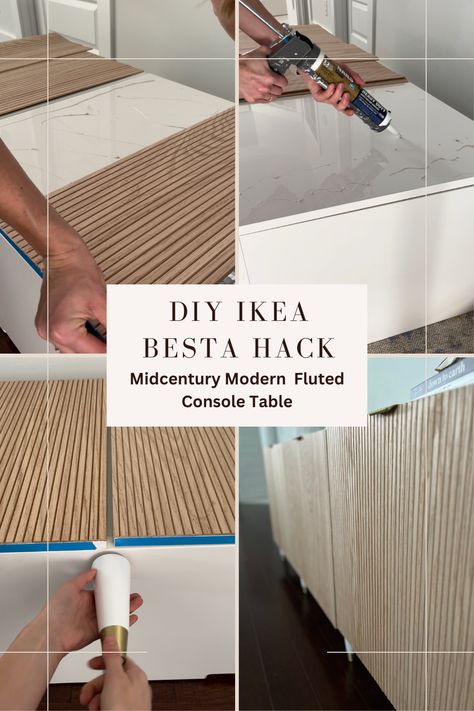 Transform an Ikea Besta into a midcentury modern console table using oak pole wrap and fresh hardware. This is an easy DIY anyone can do! Check out more details on the blog. Ikea Media Console Hack Besta, Fluted Buffet Cabinet Diy, Furniture With Pole Wrap, Oak Pole Wrap, Ikea Besta Hack Bedroom, Slat Furniture Diy, Ikea Besta Cabinet Hack, Ikea Cabinet Upgrade, Diy Ikea Tv Unit