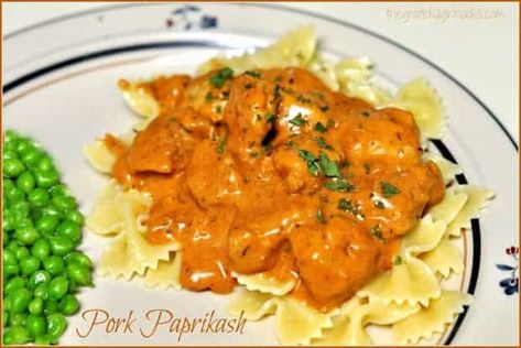 Pork Paprikash is a classic Hungarian pork dish in a flavorful sauce, served over bow-tie pasta or egg noodles, and on the dinner table in under half an hour! / The Grateful Girl Cooks! Pork With Egg Noodles, Pork Chop Egg Noodles, Pork And Noodles Recipes, Pork And Noodle Recipes, Pork Paprikash Recipe, Pork Paprikash, Bohemian Recipes, Pork Goulash, Hungarian Culture