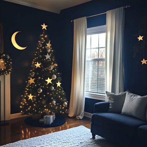 Create a peaceful ambiance with the Starry Night Sky Tree, complete with moon ornaments and soft celestial lights for dark-themed spaces. Celestial Christmas Aesthetic, Celestial Christmas Decor, Celestial Christmas Tree, Space Christmas Decorations, Celestial Christmas, Peaceful Decor, Whimsical Christmas Trees, Traditional Holiday Decor, Sky Tree