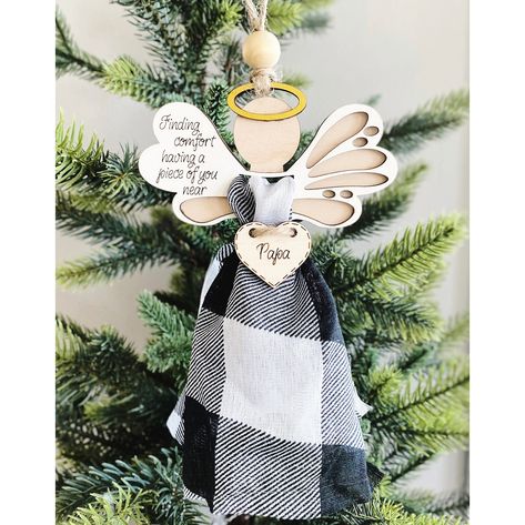 Make a beautiful laser cut angel memorial ornament using clothing or fabric from a loved one. Download includes several variations of this laser cut angel memorial ornament, making the perfect remembrance ornament. The file can also be used with Christmas fabric & can be made with or without the personalized heart. The design includes several varieties including the angel backer with and without the saying if you prefer a single-layer angel. The file also includes 3 optional wing layers as seen Rememberance Ideas, Glowforge Gifts, Remembrance Ornaments, 4x4 Wood Crafts, Angel Ornaments Diy, Memory Items, Homemade Things, Ornament Making, Engraving Ideas