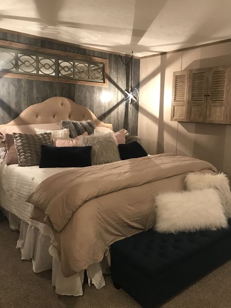 Master bedroom in single wide mobile home Mobile Home Bedroom, Trailer Remodel Single Wide, Mobile Home Single Wide, Single Wide Mobile Home, Single Wide Remodel, Mobile Home Bathrooms, Mobile Home Kitchens, Ikea 2015, Mobile Home Floor Plans