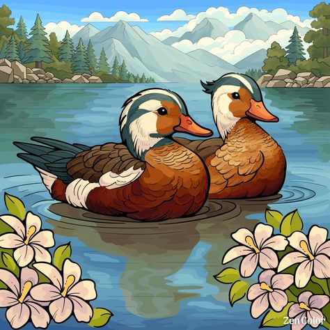 River Illustration, Ducks Swimming, Gouache Tutorial, Mandarin Ducks, Duck Drawing, Zen Colors, Flowers Illustration, Mandarin Duck, Color By Number