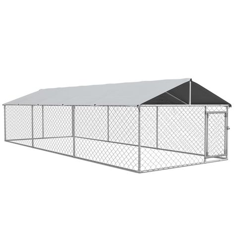 This PawHut dog kennel caters to burning energy, feeling comfortable and having plenty of space. Keep large-sized dogs cool, dry and covered in the roofed living area that offers shade and rainproof protection. Prevent excited pups from jumping over the edges with its tall wall height and roof. This heavy-duty dog lot has strong steel railings, offering the durability to outlast harsh use. Rv Dog Fence Walmart, Where Do I Put A Dog Kennel In My House, Kennel Around Tree, Kennel Gates, Outdoor Dog Spaces, Dog Kennel Ideas Outdoor, Outdoor Dog Kennel Ideas, Energy Feeling, Outdoor Kennel