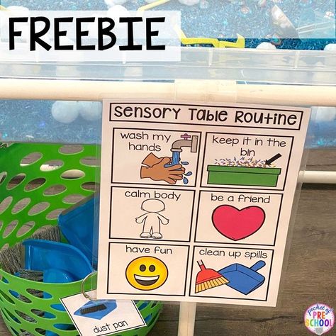 FREE Sensory Table rules routine poster is a fabulous, visual way to teach and remind students how to play at the sensory table safely! Just print, cut, laminate, and post by the sensory table. Sensory Tables For Preschool, Kindergarten Sensory, Sensory Tables, Pocket Of Preschool, Preschool Rooms, Halloween Sensory, Prek Classroom, Preschool Centers, Apple Activities