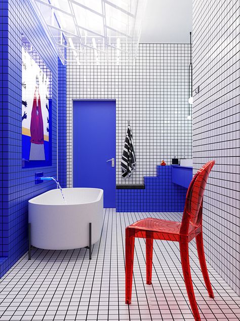 Post Modern Interior Design Bathroom, Memphis Design Bathroom, Retro Futuristic Bathroom, Bathroom Inspo Colorful, Blue Red Bathroom, Postmodern Bathroom, Bright Blue Bathroom, Apartment Concept, Bauhaus Interior Design