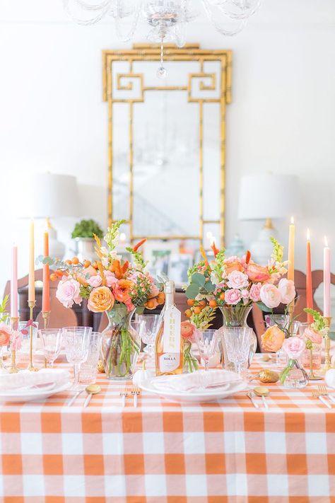 Pretty pink and orange fall themed party! This would be a lovely autumn birthday or a feminine Thanksgiving tablescape. Gingham Table Setting, Pastel Thanksgiving, Gorgeous Tablescapes, Thanksgiving Decorations Table Setting, Fall Tables, Thanksgiving Decorations Outdoor, Fall Tablecloth, Sadie Hawkins, Fall Party Themes