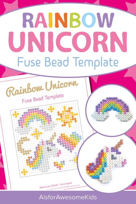 Create your own magical unicorn masterpiece with this fuse bead unicorn template! Sized perfectly to fit under a square peg board, simply follow the pattern and place the beads onto a pegboard to bring your unicorn to life! The unicorn template is designed to be used with popular fuse bead brands like Perler, Hama, Nabbi or Pyssla beads. Designs include: Unicorn head with rainbow mane, a rainbow, sun, moon, 2x rainbow hearts, and a selection of stars. Unique Activities For Kids, Bead Unicorn, Perler Bead Crafts, Unicorn Template, Rainbow Craft, Unicorn Crafts, Perler Bead Templates, Rainbow Crafts, Unicorn Pattern