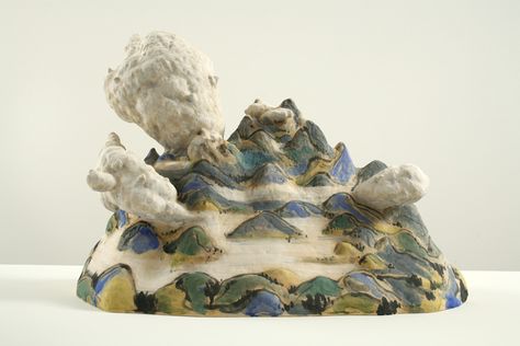 Akio Takamori's “Green Mountain” 2015 Stoneware with underglazes 24” x 33” x 15” Ceramic Mountain Sculpture, Akio Takamori, Mountain Sculpture, Ceramic Mountain, Kansas City Art Institute, The Beginning Of Everything, Perspective Drawing Architecture, Ceramic Figures, Ceramics Pottery Art