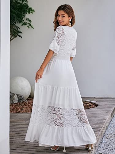 Simplee Women Lace Formal Floral Maxi Dress Ruffle Flowy V Neck Short Sleeve Bride Wedding Guest Holiday Party Long Dress Wedding Guest Long Dress, Deep V Maxi Dress, Drag Dresses, Boho Wedding Guest, Wedding Guest Dresses Long, Formal Maxi Dress, White Boho Dress, Long White Dress, Flounced Dress