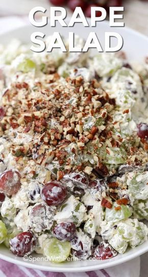 This easy grape salad recipe is seriously creamy and delicious. It's a great side dish or dessert that everyone loves! #spendwithpennies #grapesalad #salad #grapes #graperecipes #easygrapesalad Easy Grape Salad, Grape Salad Recipe, Chicken Salad Recipe Easy, Grape Recipes, Grape Salad, Potluck Dishes, Fruit Salad Recipes, Dessert Salads, Easy Salad Recipes