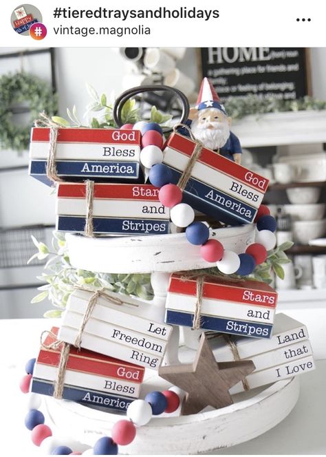 Vintage Magnolia, Americana Crafts, Fourth Of July Decorations, 4th July Crafts, Tiered Tray Diy, Fourth Of July Decor, Patriotic Crafts, Blue Book, Book Stack