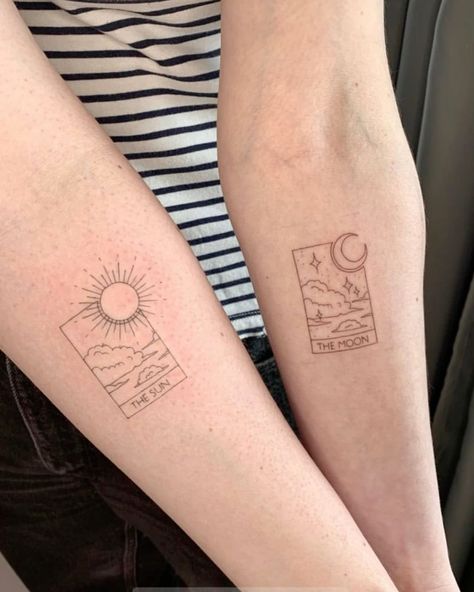 Small Sun And Moon Tattoos Matching, Matching Tattoos Tarot Cards, Tarot Card Tattoo Matching, The Sun And The Moon Tattoo Tarot, Sun And Moon Tattoo Matching Tarot, The Sun The Moon Tattoo, Gender Neutral Tattoo Sleeve, Matching Tarot Tattoo, Cool Sun And Moon Tattoos