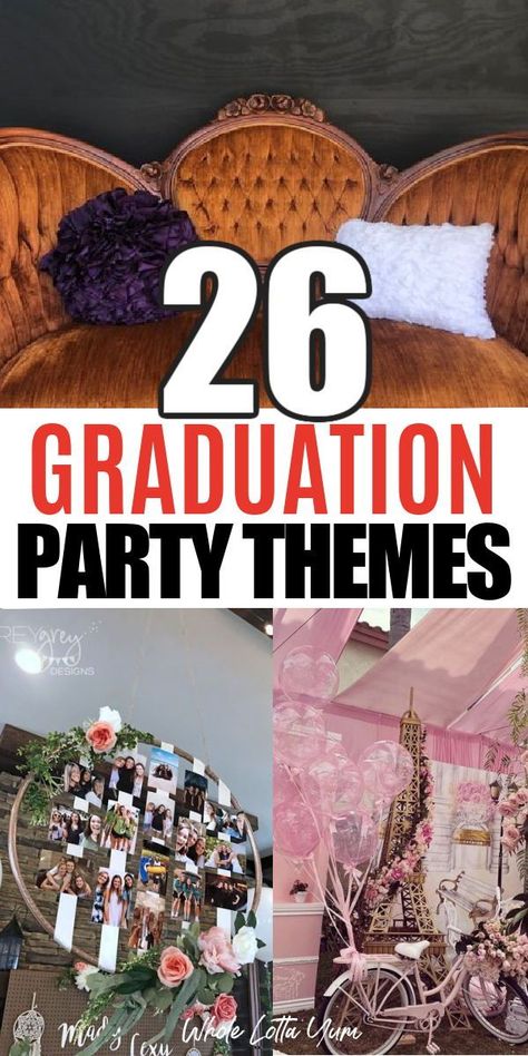 Graduation party themes go a long way and help set the vibe for the celebration. There are endless graduation party theme ideas and many cool decor ideas you will find here! All Night Grad Party Themes, Birthday And Graduation Combo Party Ideas, Fun Graduation Party Themes, Graduation Theme Ideas High School, Rustic Boho Graduation Party Ideas, Sports Theme Graduation Party, Graduation Party Color Ideas, Graduation Dance Themes, Themes For Graduation Parties