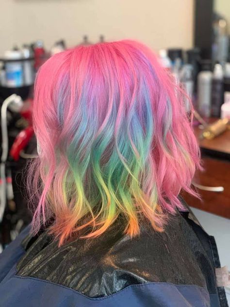 Pink Hair With Rainbow Highlights, Rainbow Melt Hair, Short Bob Rainbow Hair, Pink With Rainbow Hair, Rainbow Pink Hair, Rainbow Hair Ends Dip Dyed, Pink Hair Rainbow Highlights, Rainbow Hair Dye Ideas, Blonde Rainbow Hair