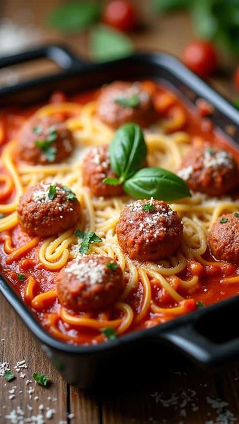 Spaghetti and Meatball Casserole Spaghetti And Meatball Casserole, Spaghetti And Meatball Recipes, Meatballs And Marinara Sauce, Spaghetti Meatballs Recipe, Meatballs And Marinara, Spaghetti Meatball Recipes, Savory Meatballs, Cheesy Meatballs, Meatball Casserole