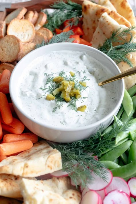 Dill Pickle Cottage Cheese Dip - Life Around The Table Cool Snack Ideas, Dill Pickle Dip Recipe, Pickle Dip Recipe, Cottage Cheese Dip, Veggie Dips, Cottage Cheese Smoothie, Healthy Dip Recipes, Individual Appetizers, Stuffed Eggs