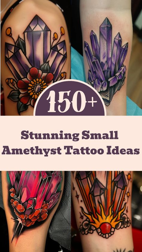 Explore the beauty of amethyst tattoos with these stunning design ideas! Whether you're looking for a small amethyst tattoo or intricate crystal details, there's something here for everyone. Let the deep purple hues of the amethyst gemstone inspire your next ink creation. From minimalist designs to intricate artwork, these tattoos are a true celebration of nature's wonders. Discover unique ways to incorporate amethysts into your body art and unleash your inner creativity with these mesmerizing t Gemstone Tattoo Ideas, Amethyst Crystal Tattoo, Jem Tattoo, Amethyst Tattoo, Crystal Tattoo Ideas, Meaning Of Amethyst, Gemstone Tattoo, Crystal Tattoos, December Stone