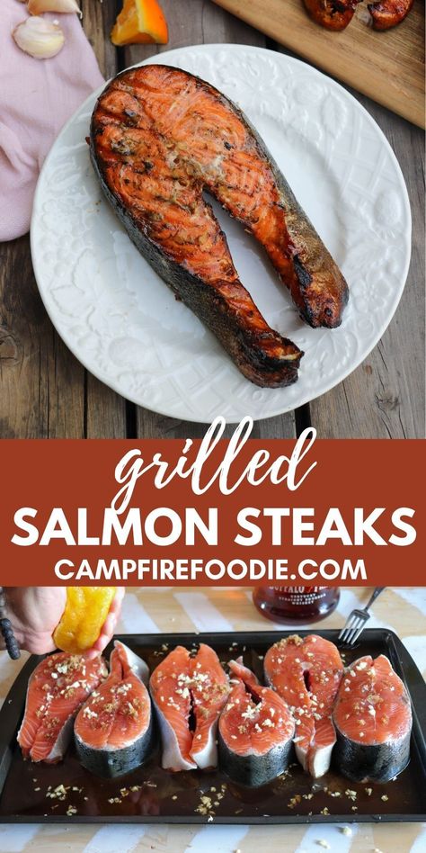 Grilled Salmon Steaks Salmon Steaks Grilled, Salmon Steak Recipes Grilled, King Salmon Recipe Grilled, Steak On Gas Grill, Blackened Salmon Recipes, Salmon Steak Recipes, Fresh Fish Recipes, Grilled Halibut, Can Chicken Recipes