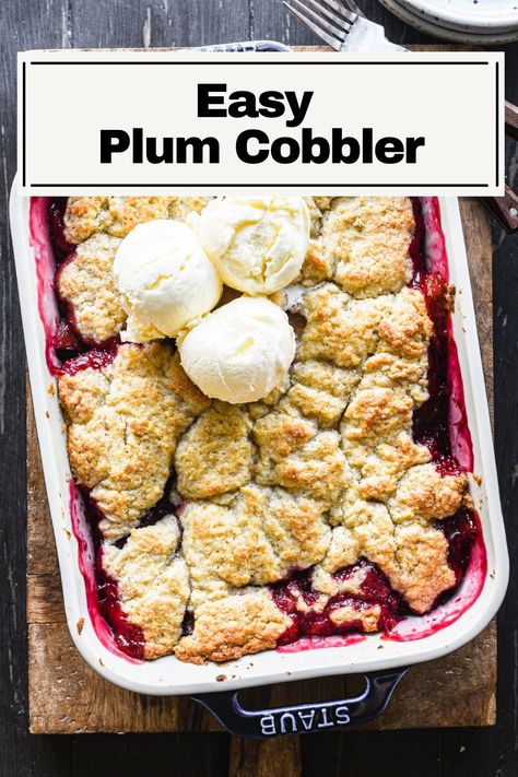 This classic Easy Plum Cobbler is the epitome of summer. Fresh, juicy plums are mixed with sugar and a bit of lemon zest, then topped with a tender, almost biscuit-like topping with a hint of cardamom. It’s absolutely delicious, and a wonderful summer dessert. rn Plum Cobbler, Plum Dessert, Cherry Pineapple Dump Cake, Pineapple Dump Cake, Canned Plums, Spicy Southern Kitchen, Southern Peach Cobbler, Chocolate Cobbler, Plum Recipes