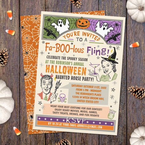 $2.90 | Halloween Party Retro Fall Humor Faboolous Fling | Halloween Gift | retro halloween party, funny halloween invitations, humorous adult drinking invites, vintage 50s 60s witch devil, unique mod fall halloween humor, 1950s inspired office costume party, cool cute fun spooky templates, diy editable spooktacular house party, ghosts bats pumpkins witches spiders, 1960s midcentury modern october theme 60s Witch, Mid Century Modern Halloween, Retro Halloween Party, Fall Humor, Haunted House Party, Purple Color Schemes, Modern Halloween, Halloween Haunted Houses, Halloween Party Invitations