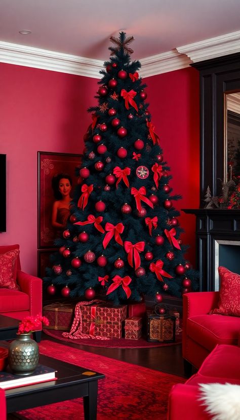 45 Chic Black Christmas Tree Decoration Ideas for a Bold Holiday Look 10 Black Christmas Tree With Red Ornaments, Black And Red Christmas Tree, Black Xmas Tree, Black Christmas Tree Decorations, Christmas Tree Decoration Ideas, Tree Decoration Ideas, Black Christmas Tree, Amazing Christmas Trees, Nightmare Before Christmas Decorations