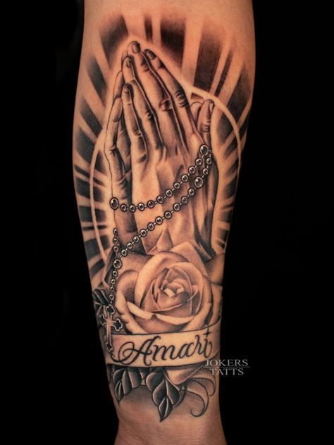 Check me out on Instagram! @jokerstatts432 Mexican Memorial Tattoos, Prayer Hands With Rosary Tattoo, Hand With Rosary Tattoo, Tattoo Praying Hands, Tattoo Ideas For Grandma, Tattoo Rosary, Rosary Tattoo On Hand, Praying Hands With Rosary, Back Of Forearm Tattoo