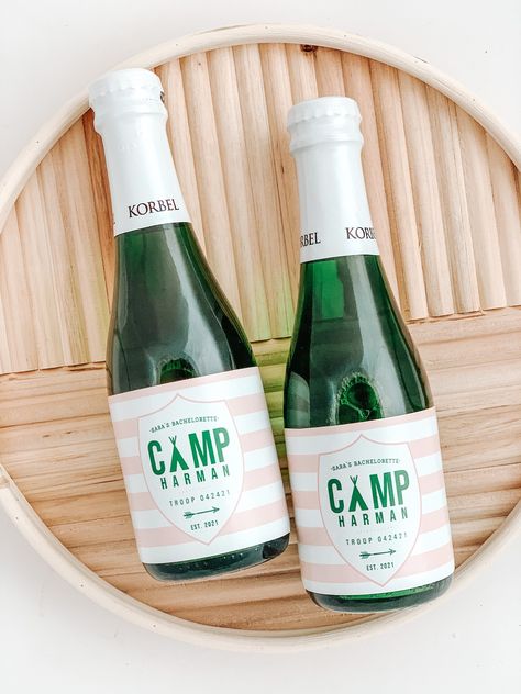 "Mini Champagne bottle wraps shown. Also available in full size wine, full size champagne, and mini wine.   Please include all items needed for label: Bachelorette Name (top line) CAMP  (many people use last name - or name of lake/camo if actually camping) TROOP NUMBER: (many people use date- party date or wedding date ex: 11222) Est. YEAR (You can use this year- party time - or if you want to use an actual established date you can do that) Labels are sold individually so you can order exact num Troop Bachelorette Party, Glamping Bachelorette Party, Bachelorette Matching, Camp Bach, Mini Champagne Labels, Troop Beverly Hills, Fiesta Shirt, Mini Champagne Bottles, Champagne Bottle Labels