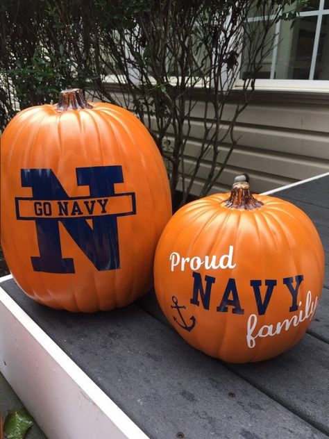 Get into the USNA spirit with these custom, one-of-a-kind decals!  I am a sponsor mom and inspired by my Midshipmen and Everything Navy....and of course my obsession with anchors! This decal SET is made of durable, outdoor permanent Oracal Vinyl 651.  I've had my decals on my fake pumpkins outside for many Halloweens and they look just like the day I put them on.  You can adorn the decals on coolers, ice buckets, plastic containers....you name it.  The possibilities are endless. Listing comes with BOTH decals- sold as a set....In Navy Blue and White colors as shown.  Proud- 3.5" NAVY - 5" family- 4: Anchor- 1.7" I will cut all of these out separately so you can space them how you like.  Large GO NAVY N- 5.5" W x 5.6" H plus star 1.7"  Every decal is made to order, so they can be made small Us Navy Party, Navy Families, Fake Pumpkins, Go Navy, Navy Gifts, Halloween Decals, Navy Mom, Oracal Vinyl, Nautical Gifts