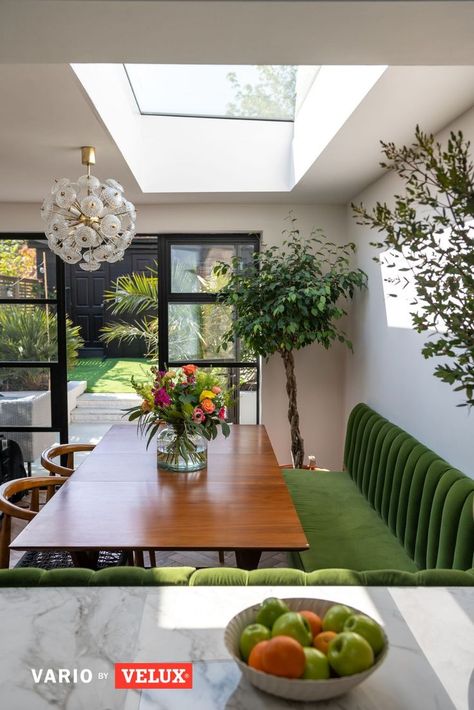 Jessica Hurrell transformed her narrow and dark kitchen into a big open family space drenched in daylight thanks to Vario by VELUX bespoke rooflights.

#homeimprovement #kitchen #marble #goldkitchen #variobyvelux #velux  #rooflights #skylights #roofwindows #bespoke #renovation #daylight #bifold Narrow Kitchen Extension, Velux Skylights Kitchen, Terrace House Kitchen, Victorian Terrace Kitchen, 1930 House Renovation, Kitchen Conservatory, Side Return Extension, Conservatory Kitchen, Floor To Ceiling Cabinets