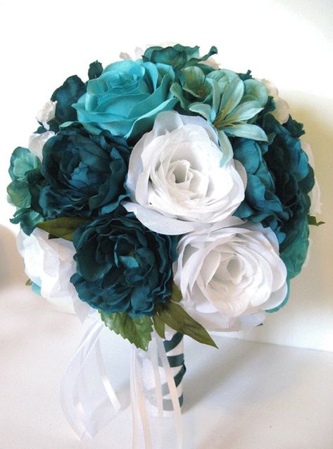 Silk Flower Wedding Bouquet, Silk Flower Bouquet, Accent Flowers, Round Bouquet, Dark Aqua, Silk Flower Bouquets, Teal Wedding, Silk Flowers Wedding, Blue Accent