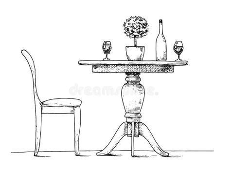 Part of the dining room. Round table and chairs.On the table vase of flowers. Hand drawn sketch vector illustration Dining Room Round Table, Table Sketch, Drawing Furniture, Round Table And Chairs, Section Drawing, Kitchen Drawing, Dining Room Table Chairs, Vase Flowers, Interior Design Sketch