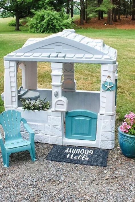 Keep your kids busy this summer with this creative plastic playhouse update you can do for cheap and on a budget. Perfect for boys and girls this backyard playhouse upgrade is a great outdoor activity for kids. #hometalk Playhouse Upgrade, Plastic Playhouse Makeover, Diy Kids Playhouse, Plastic Playhouse, Bar Stool Makeover, Playhouse Makeover, Diy Cornhole Boards, Diy Playhouse, Backyard Playhouse