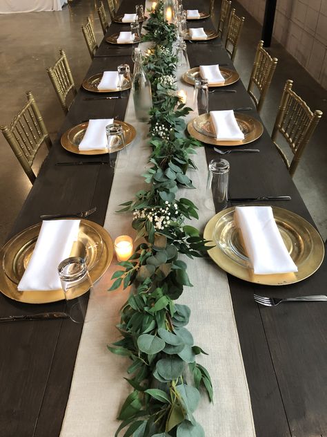 Black Tablecloth With Green Runner, Green And Gold Dinner Table Setting, Rustic Theme Table Setting, Table Decorations With Black Tablecloths, Diy Greenery Table Runner, Burlap And Eucalyptus Table Runners, Strawberry Serving Ideas, Black Tablecloth Green Runner, Simple Greenery Table Runner