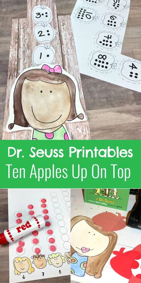 Dr Seuss Printables Ten Apples Up On Top Printable Free #freeclassroomprintable #drseussprinrtable #preschoolcraft 10 Apples Up On Top, Dr Seuss Printables, Ten Apples Up On Top, Dr Seuss Activities, Dr Seuss Crafts, Teaching Counting, Laura Kelly, Apple Activities, Math Game