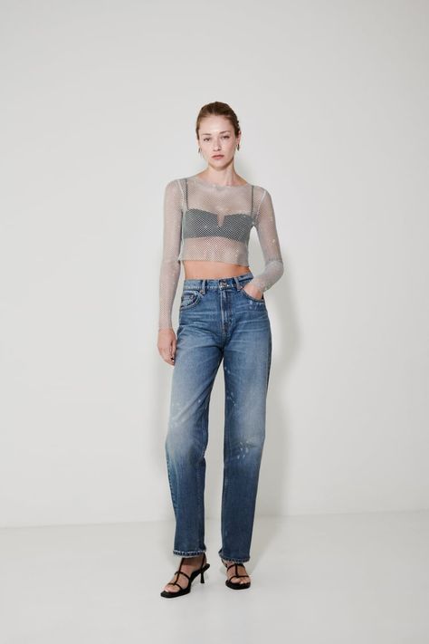 SHIMMER MESH CROP TOP - Light gray | ZARA United States Reputation Fits, Mesh Top Outfit, Sheer Tops, Tour Outfits, 2023 Ss, Mesh Crop Top, Party Style, Top Light, Sheer Top