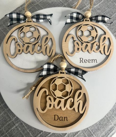 Coach Soccer, Wood Resin Table, Laser Engraved Ideas, Winter Gift, Resin Table, Wood Resin, Sports Theme, Xmas Ornaments, Ball Ornaments