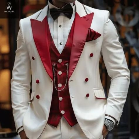 Three Piece White Men Suit | eBay Red And Gold Wedding Suit, White And Red Outfit Men, Red Tuxedo Wedding, White Suits Wedding, Prom Suits For Men Red, Red Suit Men, Elegant Suits Men, Red Tux, Red And White Suit