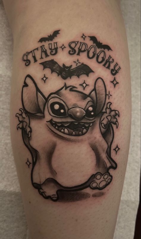 #stitch #stitchtattoo #tattoo #spookyseason #stayspooky #disneytattoo #disney #boo #cutetattoo Disney Ghost Tattoo, Halloween Disney Tattoos, Disney Halloween Tattoos, Spooky Stitch, Disney Boo, Friday The 13th Flash, Chucky Tattoo, Stitch Tattoo, Mouse Tattoos