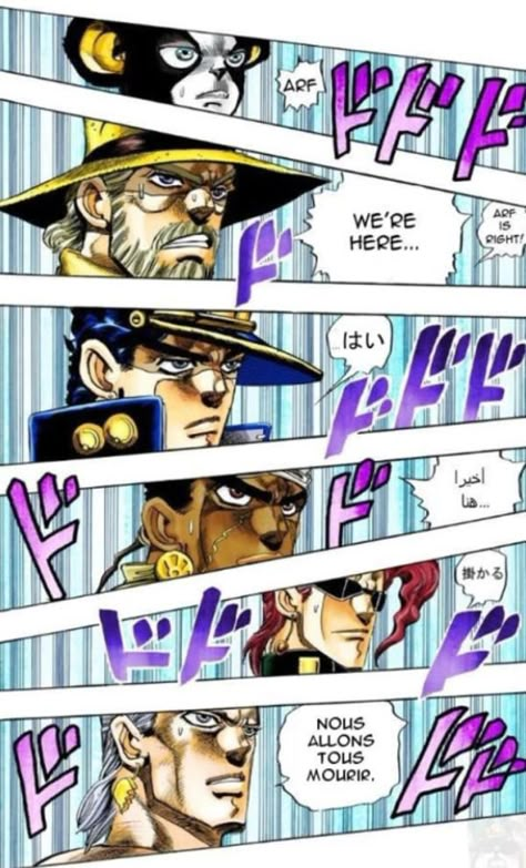 "arf is right" I love the idea that under really stupid or serious circumstances, the Crusaders gang slips into their native tongue a little bit. When Avdol’s really pissed, hell let out a curse in Egyptian. When Polnareff is chasing after Hanged Man and J. Giel, he’s switching his words between French and English because he’s just so mad and grief stricken that he doesn’t pay attention to anything else, let alone how he’s speaking. Shit like that. Avdol X Polnareff, Polnareff Jojo, Crusader Wallpaper, Jojo Stardust Crusaders, Hanged Man, Stardust Crusaders, Jojo Reference, Joseph Joestar, Jojo Parts