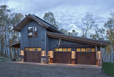 another view of the wood storage shows a small guest area above only one bay Contemporary Garage, Garage Apartment Plans, Steel Framing, Barn Garage, Modern Garage, Garage Apartments, Haus Am See, Garage House Plans, Garage Apartment