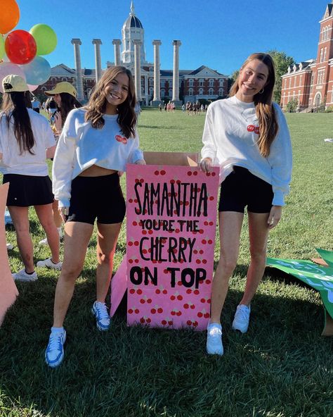 Berry Big Little Reveal, Big Little Cherry Theme, Cherry On Top Big Little Theme, Cherry Big Little Reveal, Funny Big Little Reveal Themes, Big Lil Reveal Themes, Big Little Themes, Paddle Sorority Big, Comp Cheer