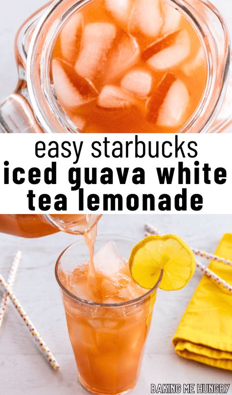 This Iced Guava White Tea Lemonade Recipe makes the perfect delicious drink. It's a refreshing beverage to make, full of fruity flavors! Tea Lemonade Recipe, Guava Drink, Lemonade Tea Recipe, Copycat Drink Recipes, Guava Recipes, Homemade Lemonade Recipes, Ice Cream Drinks, Tea Lemonade, Copycat Starbucks Recipes