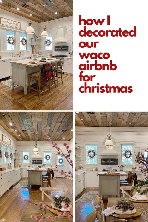 Decorating Airbnb For Christmas, Christmas Bow On Kitchen Cabinets, Decorating Over Kitchen Cabinets, Christmas Bows Kitchen Cabinets, Decorate Airbnb, Kitchen Cabinets Fronts, Big Bear Cabin, Farmhouse Kitchen Design, Vintage Floor