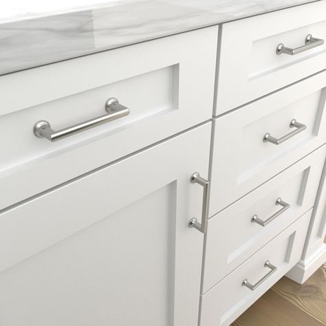 allen + roth Lowder 3-3/4-in (96Mm) Center to Center Satin Nickel Rectangular Bar Drawer Pulls (6-Pack) Lowes.com Silver Cabinet Pulls For White Cabinets, Brushed Silver Kitchen Hardware, Brushed Nickel Hardware Kitchen Cabinets, Cabinet Handles For White Cabinets, White Kitchen Cabinets With Brushed Nickel Hardware, Kitchen Cabinet Handle Placement, Shaker Cabinets Kitchen Hardware, White Kitchen Silver Hardware, White Cabinet Hardware Ideas